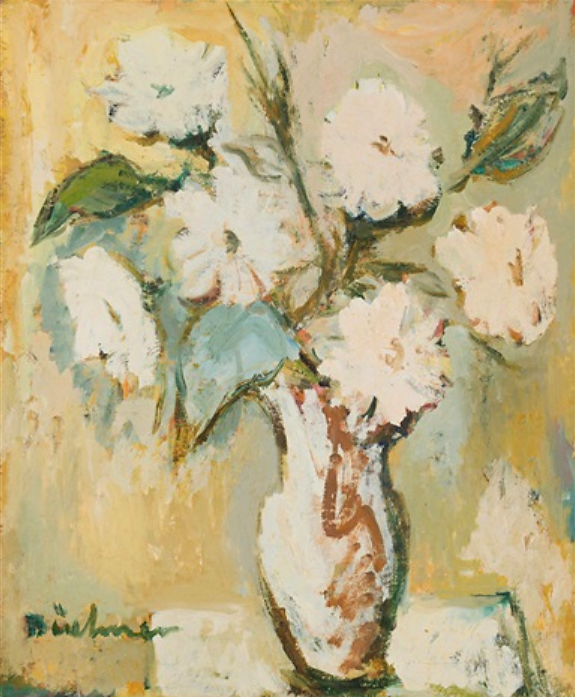 Vase of white flowers.